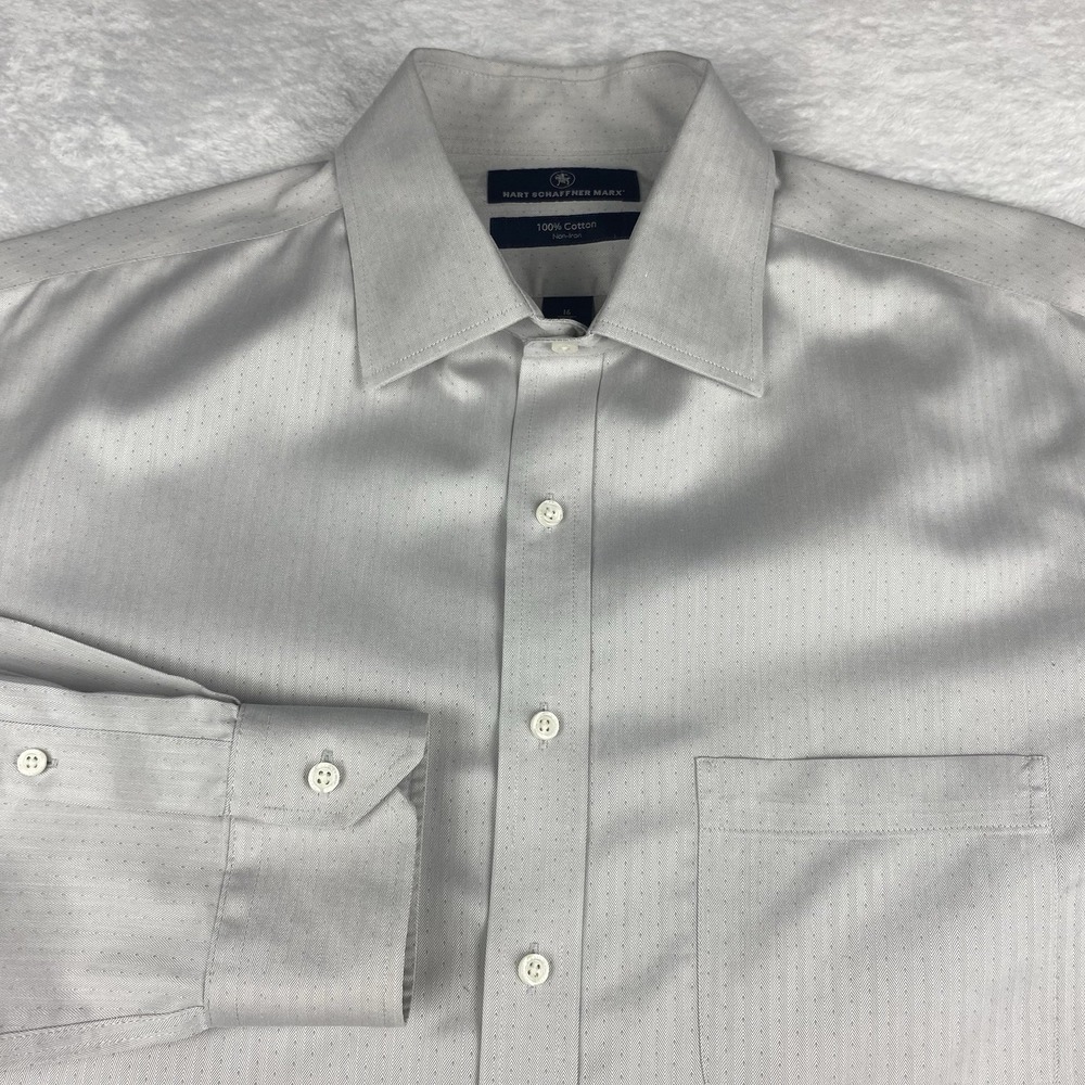 Hart Schaffner Marx Dress‎ Shirt Mens 16-34 Gray w/Dots Regular Fit No Iron